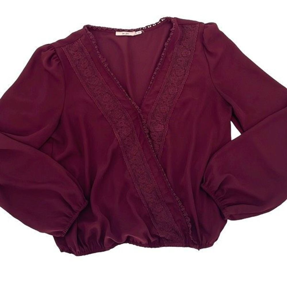 Mi Ami‎ Womens Long Sleeve Blouse Top Lace Crochet Detail V Neck Size Medium Red